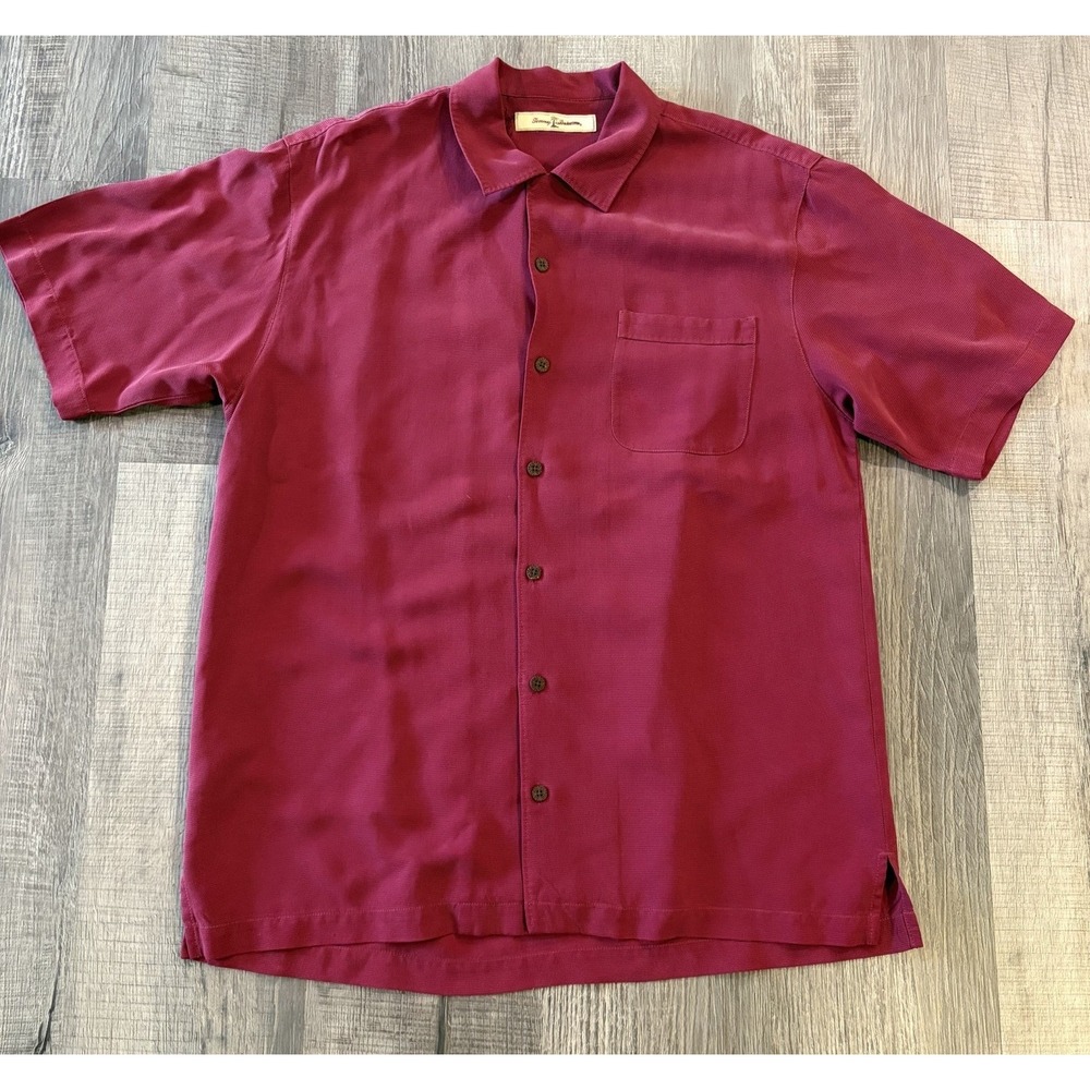 Tommy Bahama 100% Silk Men's Medium Short Sleeve Maroon Tropical Hawaiian Shirt